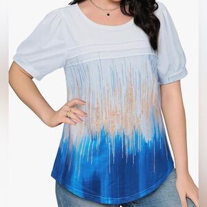 162. New Women's Crewneck, Pleated, Puff Sleeve Blue and White Top